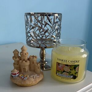 Yankee Candle Island Guava with Silver Leaf Holder and candle topper